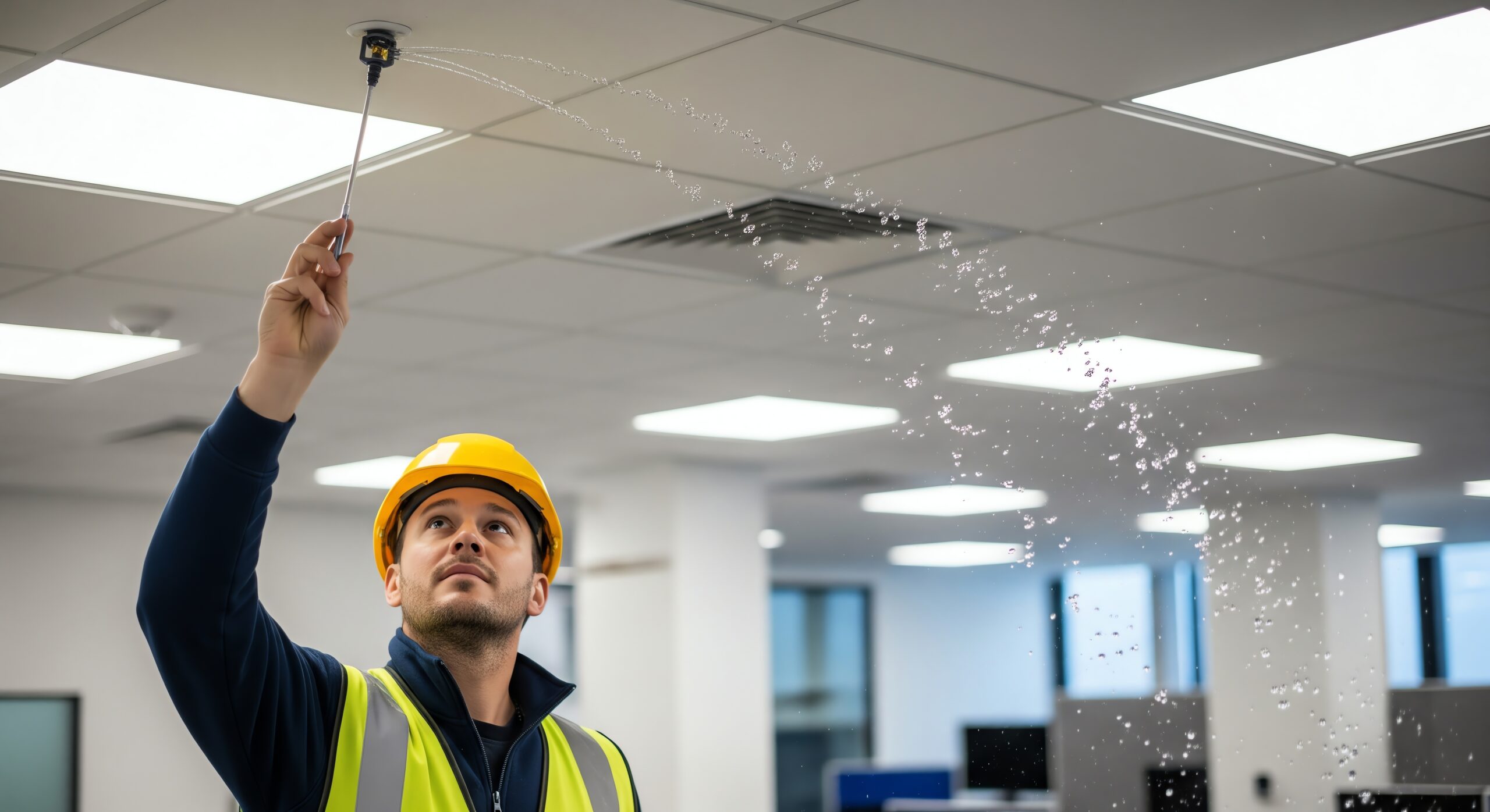 Firefighter testing sprinkler system in commercial building to ensure fire safety standards Fire Sprinkler Inspection