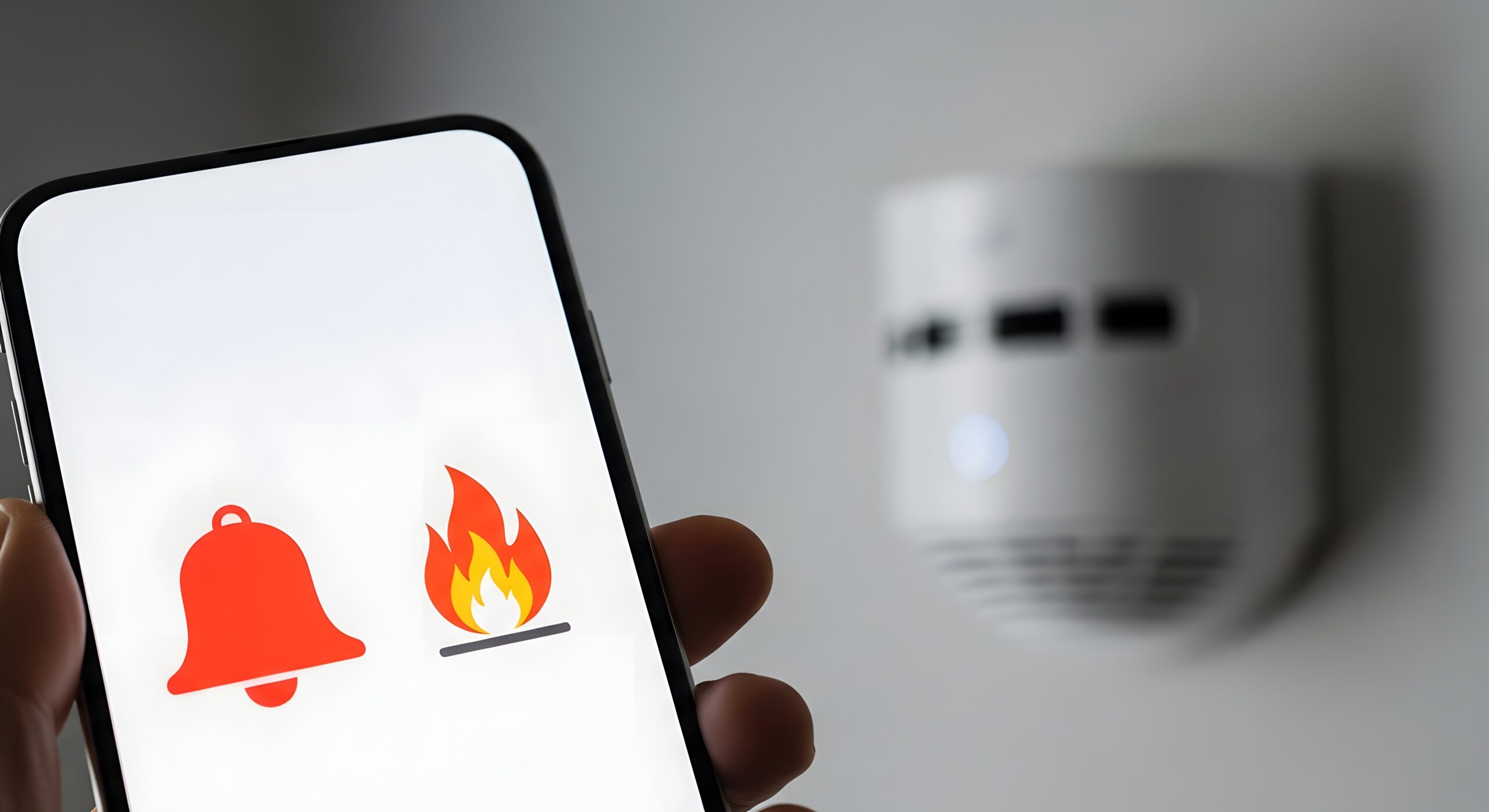 Smartphone displaying fire and bell icons with a smoke detector in the background, symbolizing smart home safety and fire alarm notifications. Smartphone displaying fire and bell icons with a smoke detector in the background, symbolizing smart home safety and fire alarm notifications.